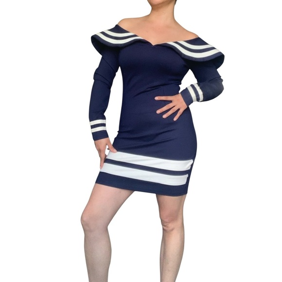 Navy & White Nautical Bodycon Dress – Size M - Picture 9 of 10